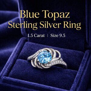 Blue Topaz Ring | 1.5 Carat Round Cut | Sterling Silver Ring | Size 9.5 |